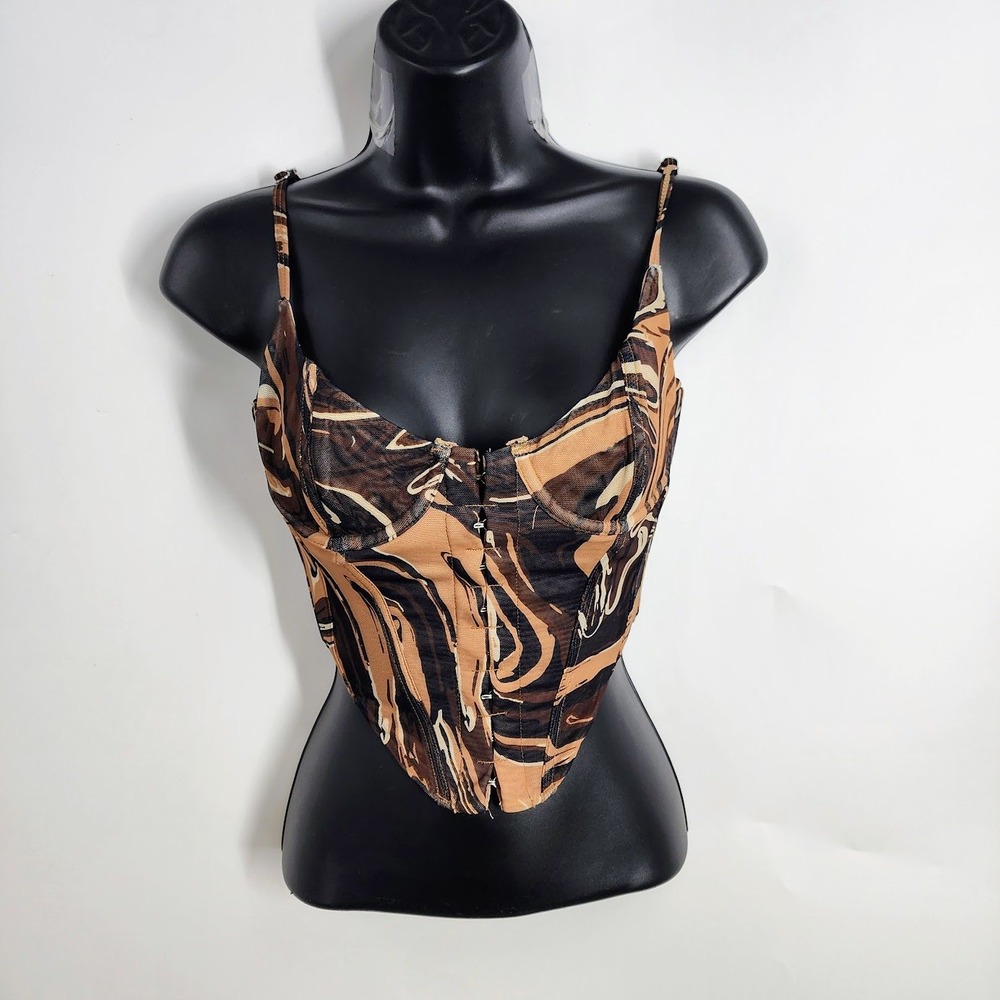 WHITE FOX Mesh Swirl Print‎ Corset Top Cropped XS Hook & Eye Zipper Closure